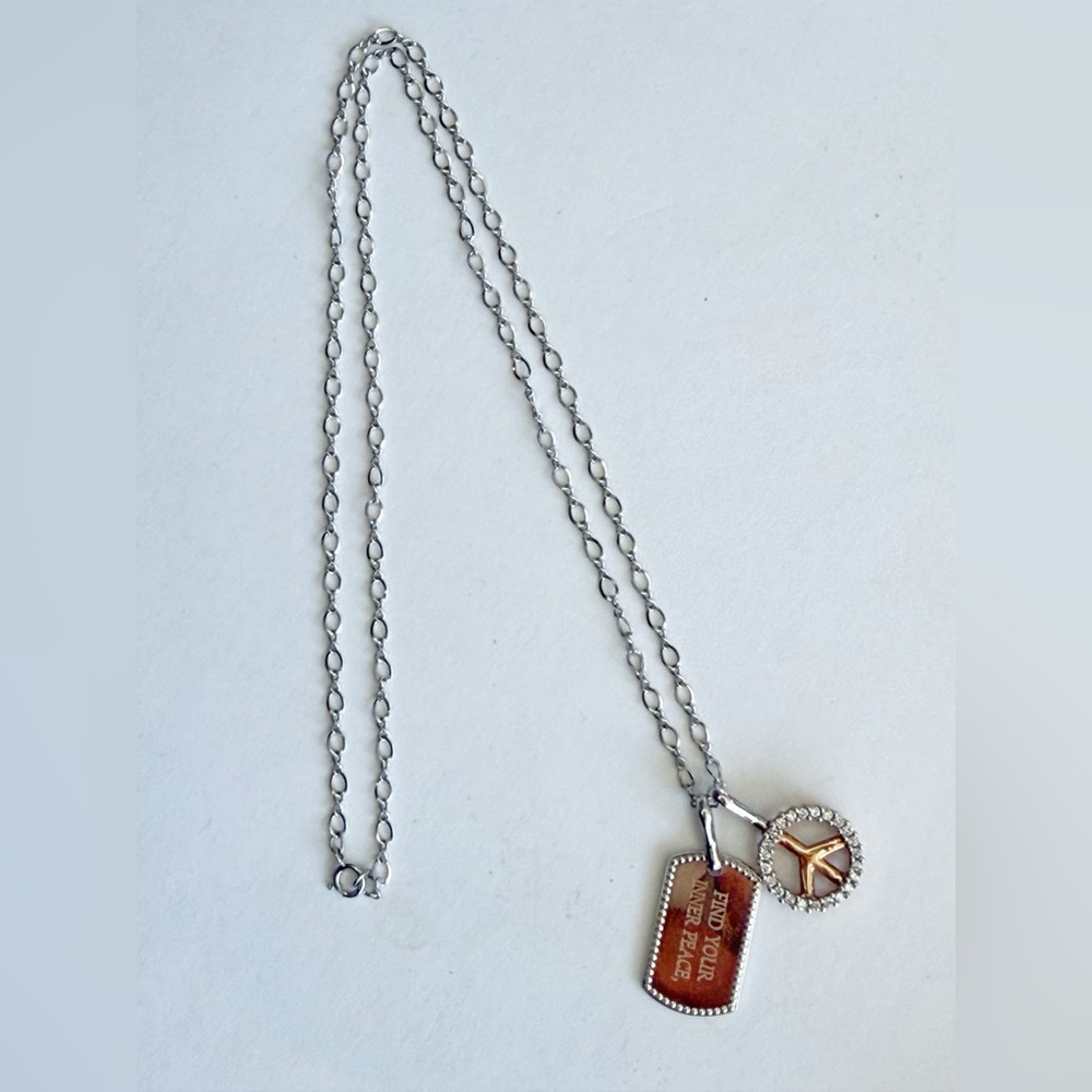 14k Rose Gold & Diamond Dog Tag Style Charm Necklace - Peace Sign & Inner Peace